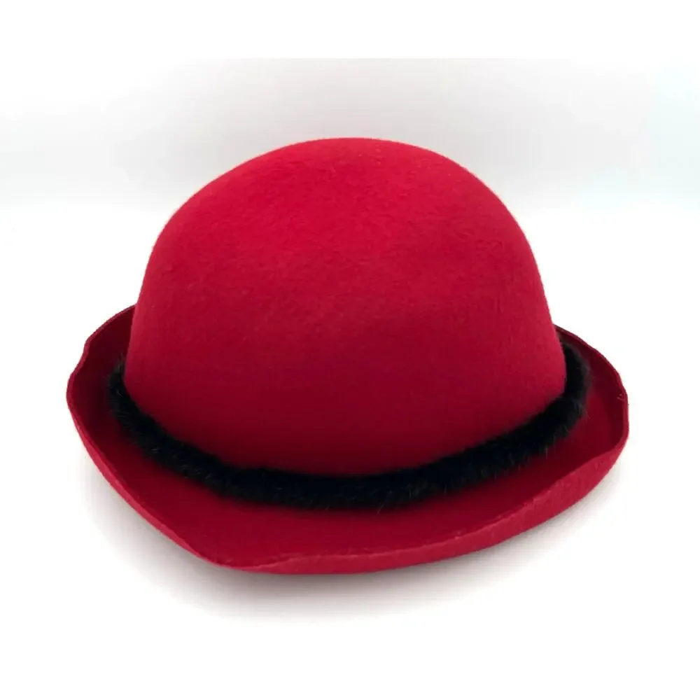 Vintage Liz Claiborne Red Wool Cloche Hat with Mink Fur Trim and Beaded Accent